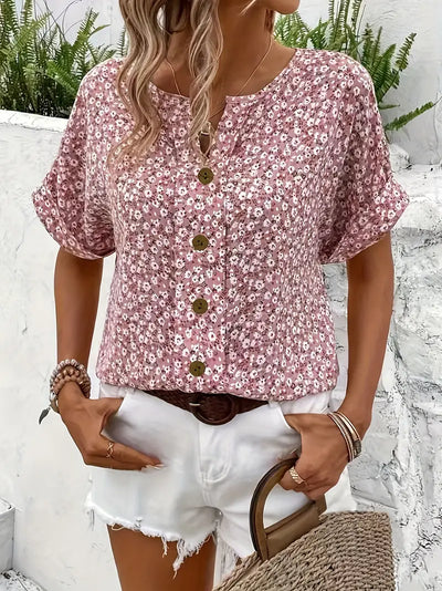 Charis - Blomstret bluse med knapper