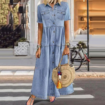 Ariella™ Vintage Denim Style Maxi Kjole