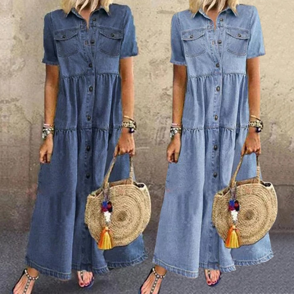 Ariella™ Vintage Denim Style Maxi Kjole