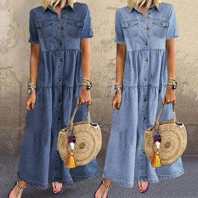 Ariella™ Vintage Denim Style Maxi Kjole
