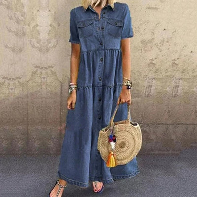 Ariella™ Vintage Denim Style Maxi Kjole