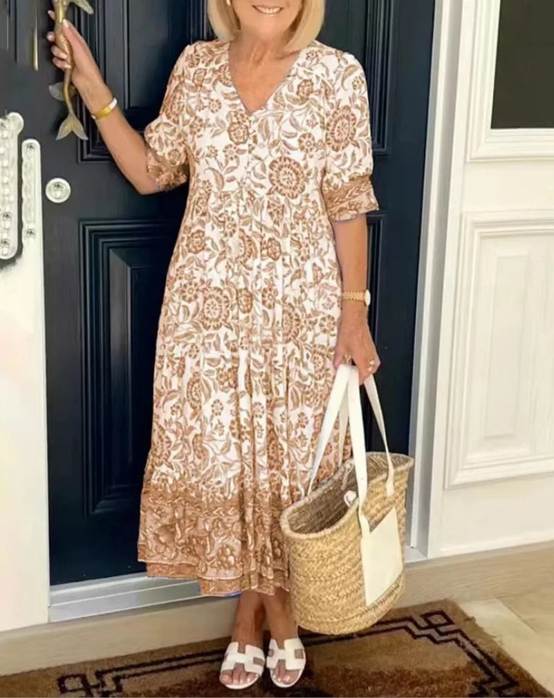 Trine - V-hals blomstret midikjole