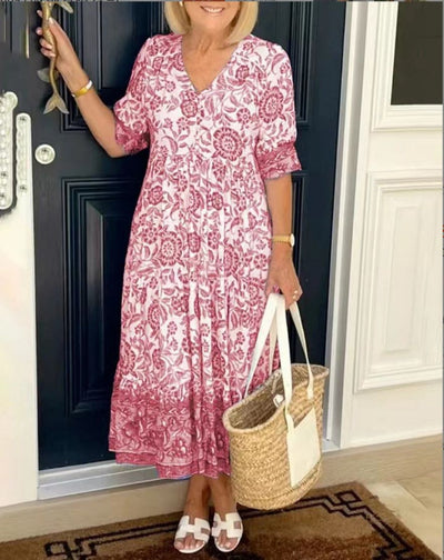 Trine - V-hals blomstret midikjole