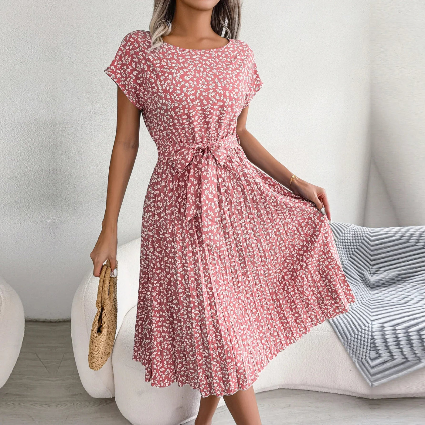 Anabelle - Blomstret Plisseret Midi Kjole